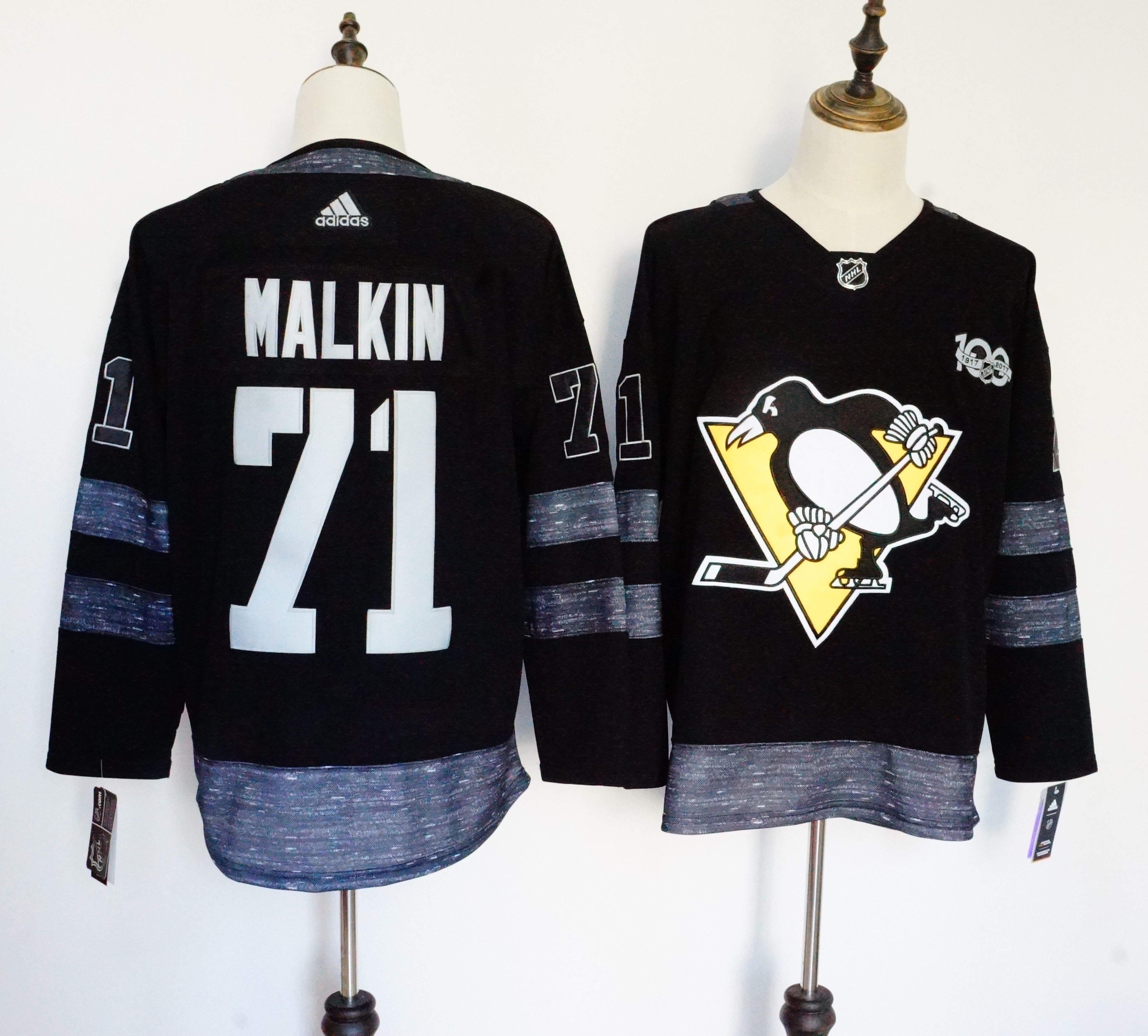 Men Pittsburgh Penguins #71 Malkin Black 100th Anniversary Stitched Adidas NHL Jerseys